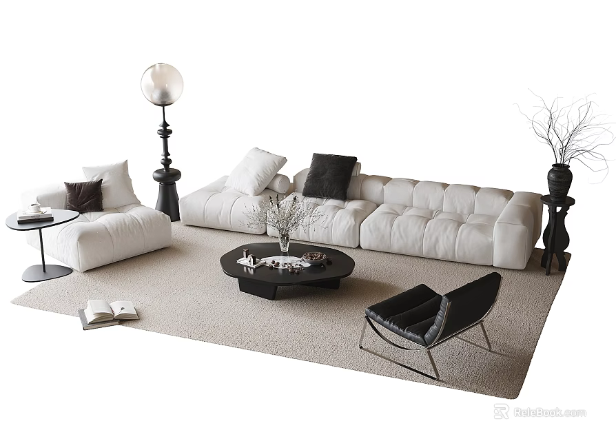 Modern White L shaped Sofa and Black Round Coffee Table Set with Decorative Items 3d model