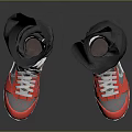Stylish Red And White Sneakers With Gray Rolled Cuff Pants On Dark Reflective Surface