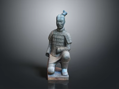 Ancient Chinese Terracotta Warrior Sculpture With Kneeling Posture Intricate Armor And Traditional Hair Bun 3d model