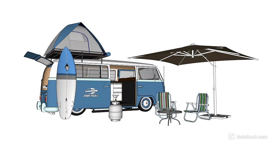 Public Camping Facility With Blue Van Surfboard Tent And Outdoor Seating 3d model 