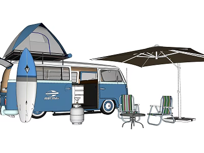 Public Camping Facility With Blue Van Surfboard Tent And Outdoor Seating 3d model