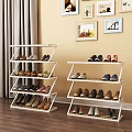 White Multi Tiered Shoe Rack With Shoes Decorative Paintings And Curtain In Interior