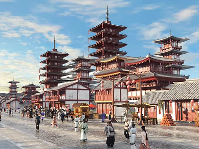 Traditional Chinese Ancient Architecture Featuring Multiple Towers And Pedestrian Street 3d model