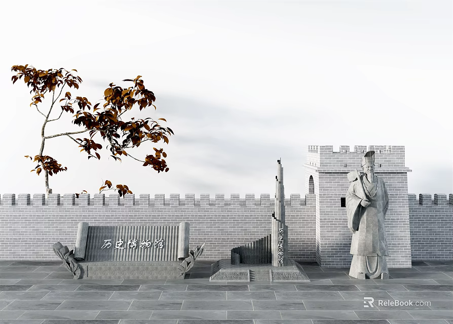 Ancient Chinese Figure Sculpture With Stone Stele City Wall And Autumn Leaves Tree 3d model 