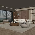 Modern Living Room Interior With Large Windows Blinds White Sofa And Round Coffee Table