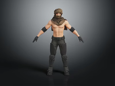 3D Male Warrior Character With Headscarf Mask Arm Guards And Tactical Combat Boots 3d model