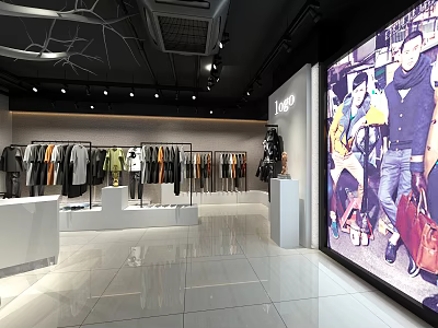 Modern Clothing Store Interior With Diverse Apparel Displays Large Screen And Bright Lighting 3d model