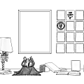 Decorative Ornament Set With Framed Beetle Art Multiple Wall Pictures Table Lamp And Open Book