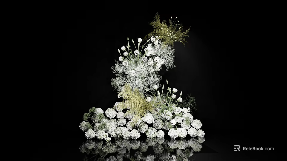 White Floral Arrangement In Vase With Green Foliage On Reflective Surface 3d model 