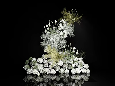 White Floral Arrangement In Vase With Green Foliage On Reflective Surface 3d model