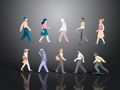 Diverse Characters Silhouettes In Various Poses Walking And Skateboarding On Dark Background With Reflections 3d model