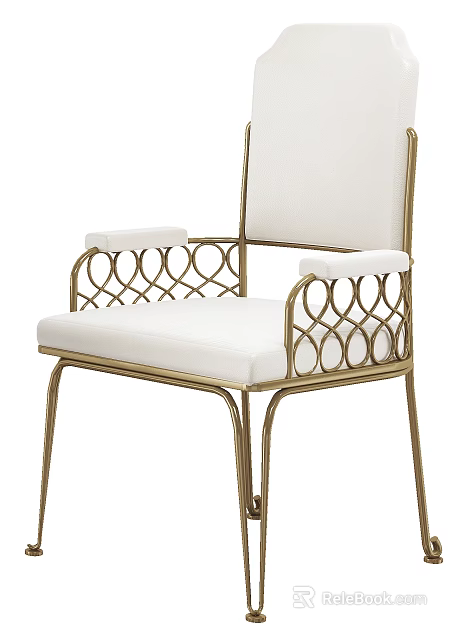Elegant Modern Accent Chair With Gold Metal Frame White Cushioned Seat And Ornate Armrests 3d model 