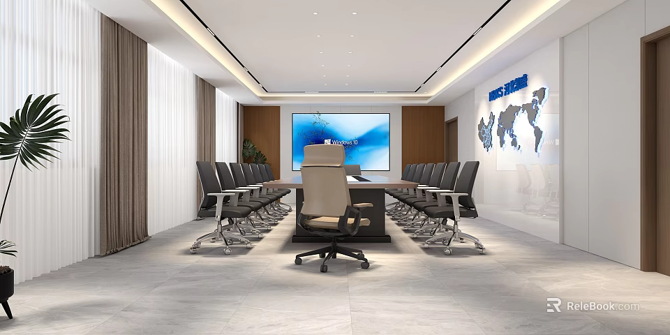 Modern Meeting Room Interior With Long Conference Table Black Chairs Large Screen And World Map 3d model 