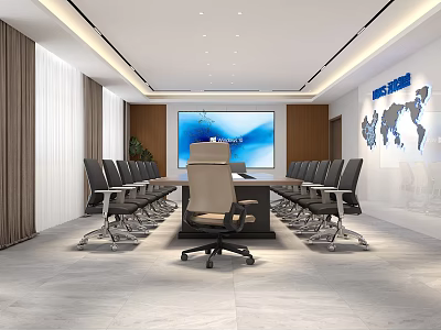 Modern Meeting Room Interior With Long Conference Table Black Chairs Large Screen And World Map 3d model