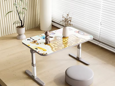 Kids Study Desk With Cartoon Patterns Teddy Bear Toy Round Stool And Potted Plant 3d model