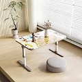 Kids Study Desk With Cartoon Patterns Teddy Bear Toy Round Stool And Potted Plant