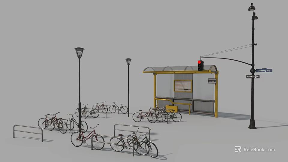 Urban Public Facilities With Bus Stop Shelter Bicycle Racks Street Lamps And Bicycles 3d model 
