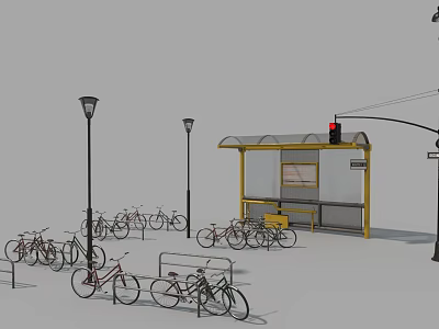 Urban Public Facilities With Bus Stop Shelter Bicycle Racks Street Lamps And Bicycles 3d model