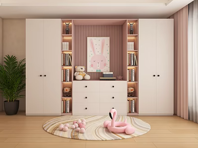 Modern White Wardrobe With Open Shelves Storage Teddy Bear And Rabbit Painting 3d model