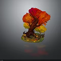 Autumn Tree With Red And Yellow Leaves Surrounded By Mushrooms And Fallen Leaves
