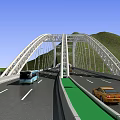 Arch Bridge Spanning River With Multi Level Roads Vehicles And Mountain Surroundings