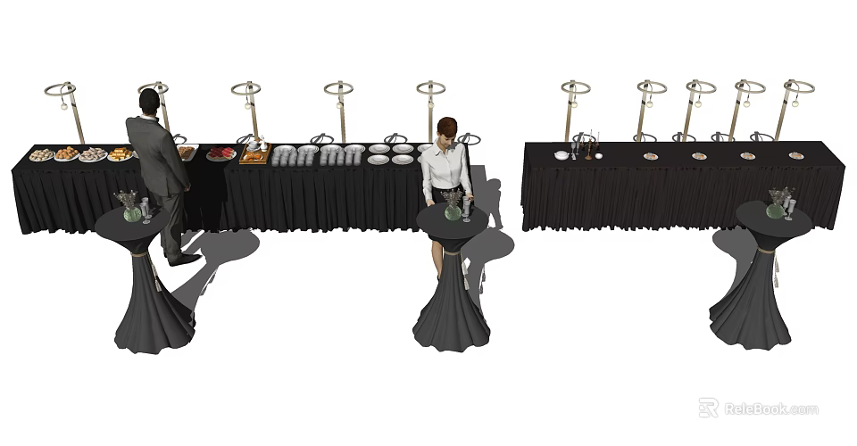Long Dining Tables With Black Tablecloths Plates Glassware And Service Staff 3d model 
