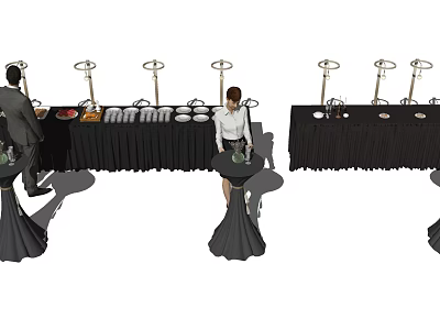 Long Dining Tables With Black Tablecloths Plates Glassware And Service Staff 3d model