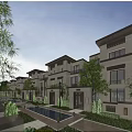 Modern Townhouse Exterior Design With Lush Greenery And Swimming Pool Courtyard