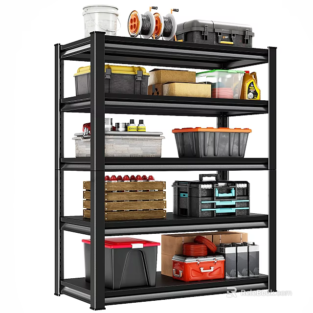 Industrial Shelving Unit with Toolboxes Wooden Crates Plastic Bins And Storage Containers 3d model 
