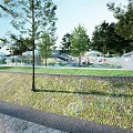 Garden Landscape With Waterfront Stone Retaining Wall Green Lawn Trees And Pedestrian Path