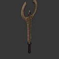 Golden and Red Glowing Weapon with Intricate Curved Metallic Decorative Patterns