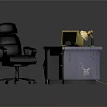 Black Wheeled Office Chair With Old Wooden Desk Yellow Monitor And Table Lamp
