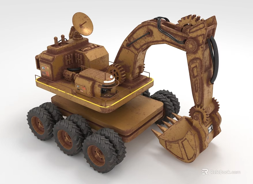 Brown Construction Utility Vehicle With Excavator Bucket Large Tires And Satellite Dish 3d model 