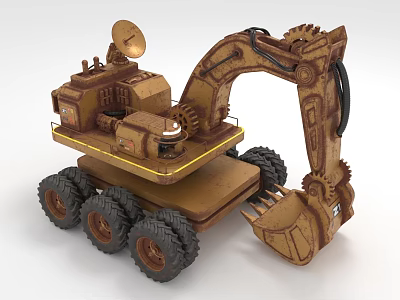 Brown Construction Utility Vehicle With Excavator Bucket Large Tires And Satellite Dish 3d model
