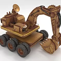 Brown Construction Utility Vehicle With Excavator Bucket Large Tires And Satellite Dish
