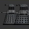 Three Metallic Robot Models With Dome Heads Circular Holes Mechanical Arms And Black Bases