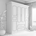 Dark Brown Wooden Wardrobe with Green Curtains Window Plant and White Planter