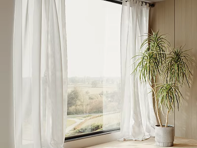 White Linen Curtains Hanging By Window With Natural Light And Potted Plant 3d model