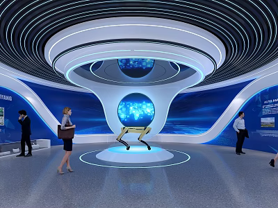 Modern Tech Exhibition Hall With Blue Globe Robot And Visitors In Modern Design 3d model