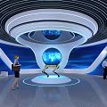 Modern Tech Exhibition Hall With Blue Globe Robot And Visitors In Modern Design
