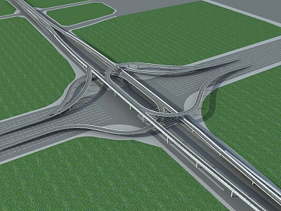 Complex Interchange Bridge Structure With Multiple Lanes And Green Grass Surroundings 3d model