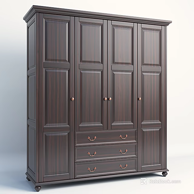 Elegant Dark Wooden Wardrobe Design With Multiple Panel Doors And Drawer Storage 3d model