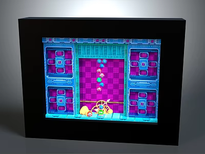 Colorful Frame Scene Featuring Yellow Character Floating Colorful Dots Purple Blue Architecture And Pink Checkerboard 3d model
