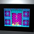 Colorful Frame Scene Featuring Yellow Character Floating Colorful Dots Purple Blue Architecture And Pink Checkerboard
