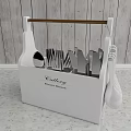 White Kitchen Cutlery Set with Wooden Organizer Holder Knives Forks Spoons