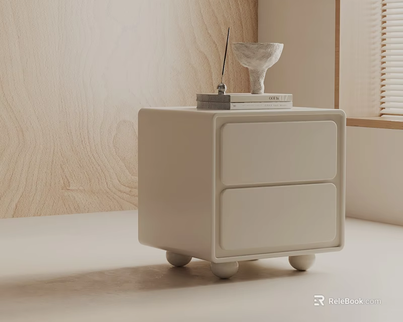 Ivory Modern Side Table With Two Drawers And Round Wooden Legs 3d model 