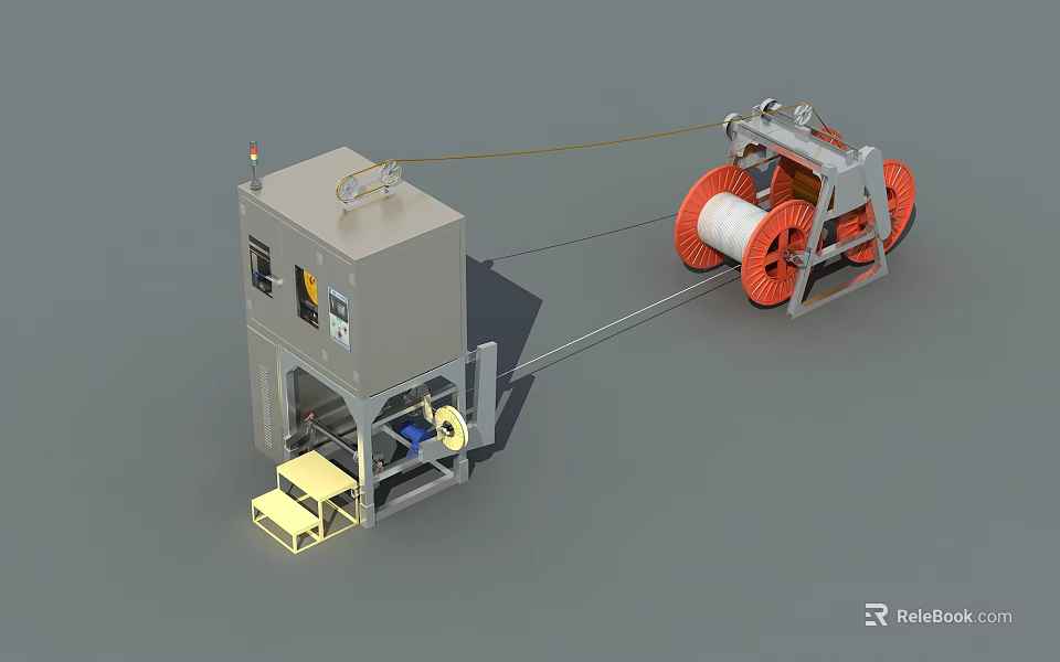 Industrial Equipment Featuring Reel Orange Wheels Yellow Cart And Control Panel 3d model 