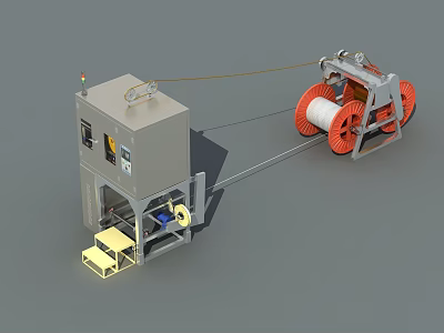 Industrial Equipment Featuring Reel Orange Wheels Yellow Cart And Control Panel 3d model