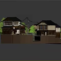 Cartoon Scene Of Traditional Japanese Village With Wooden Houses Black Roofs And Green Trees