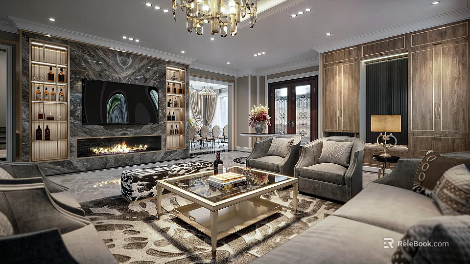 Elegant Modern Living Dining Room Interior With Chandelier Fireplace TV Wall Sofa And Coffee Table 3d model 